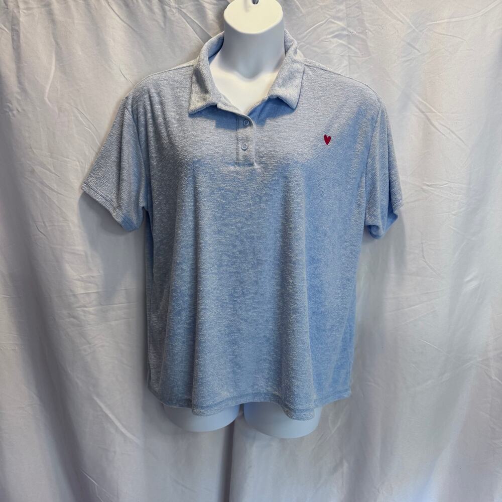 Peace Love World Light Blue French Terry Polo Shirt Red Embroidered Heart XL